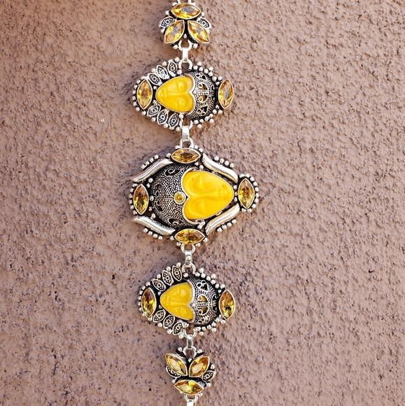 New Carved Yellow 3 Goddess Face Citrine 925 Silver Bracelet. - Picture 4 of 16